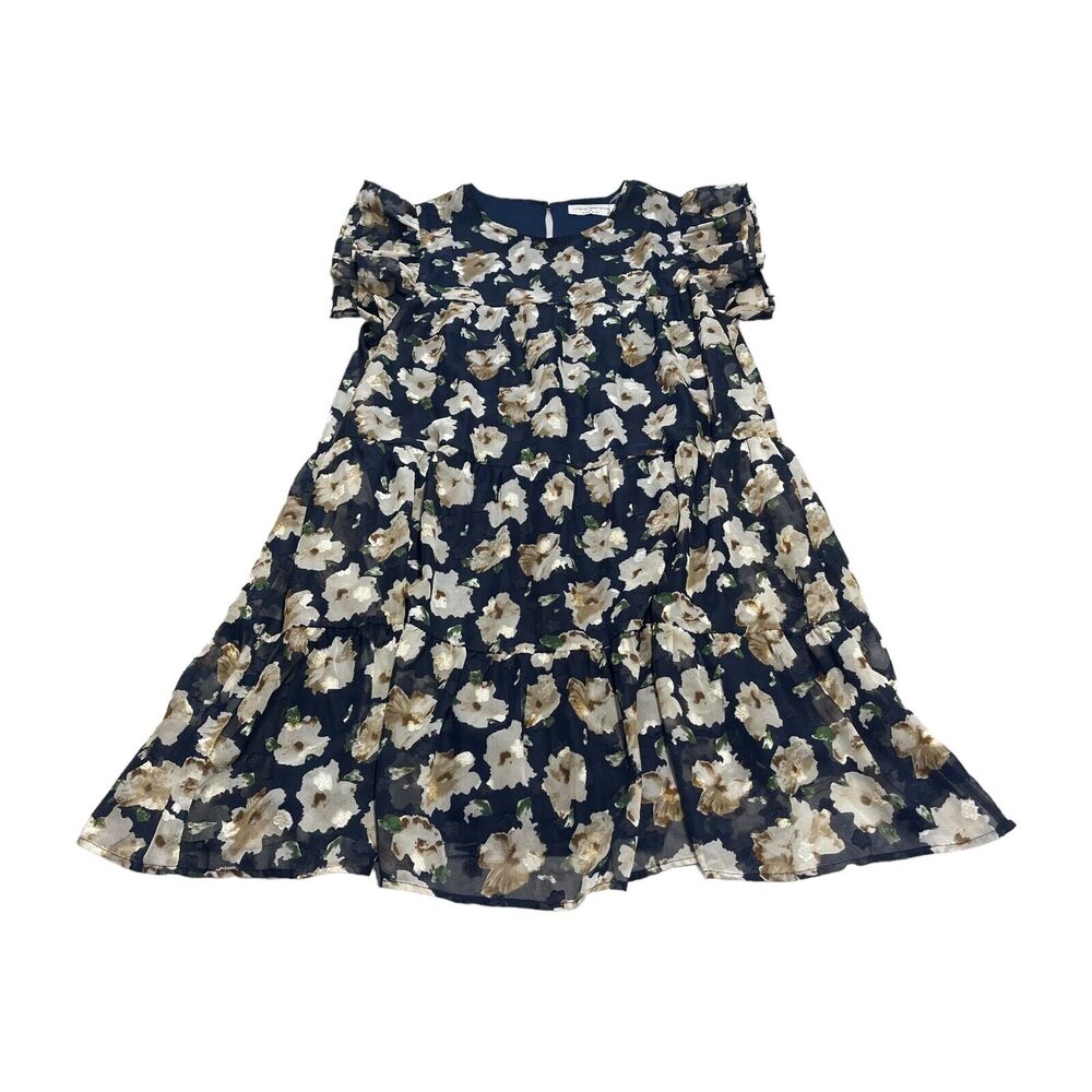 Pink Lily x Living My Best Style Tiered Dress Womens L Navy Floral Ruffle Sleeve